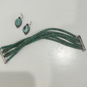 French wire sterling and turquoise earrings with 6 strand turquoise bracelet.